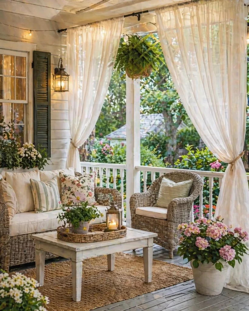 cottage front porch with light curtains and soft style