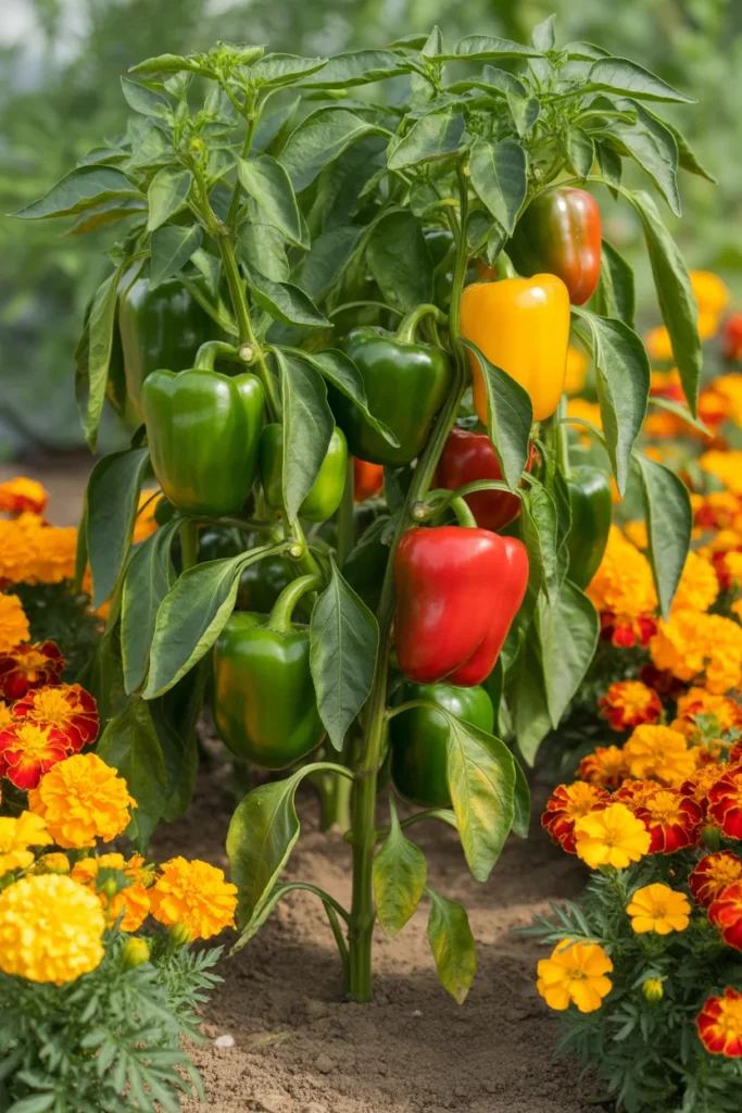 marigolds around bell pepper plants attracting pollinators