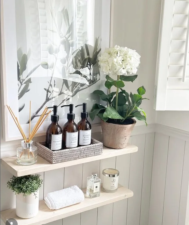 bathroom wall shelf ideas with minimal white shelves clean look