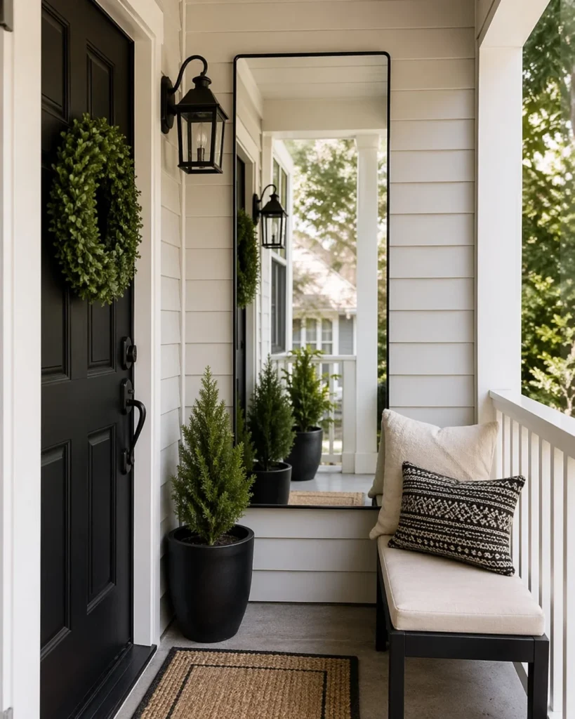 tiny front porch with mirror decor creating space illusion