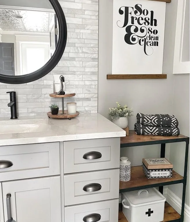 bathroom wall shelf ideas with mixed material wood metal shelves