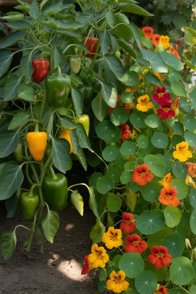 nasturtiums growing near bell peppers in vegetable garden