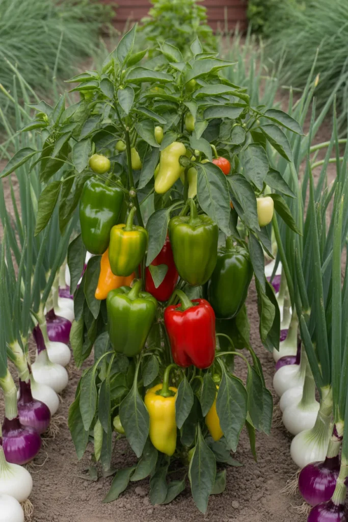 onions planted near bell peppers in vegetable bed