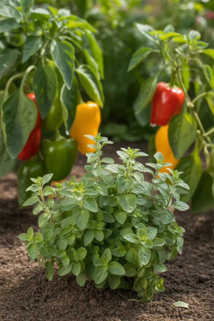oregano planted near bell peppers in sunny vegetable bed