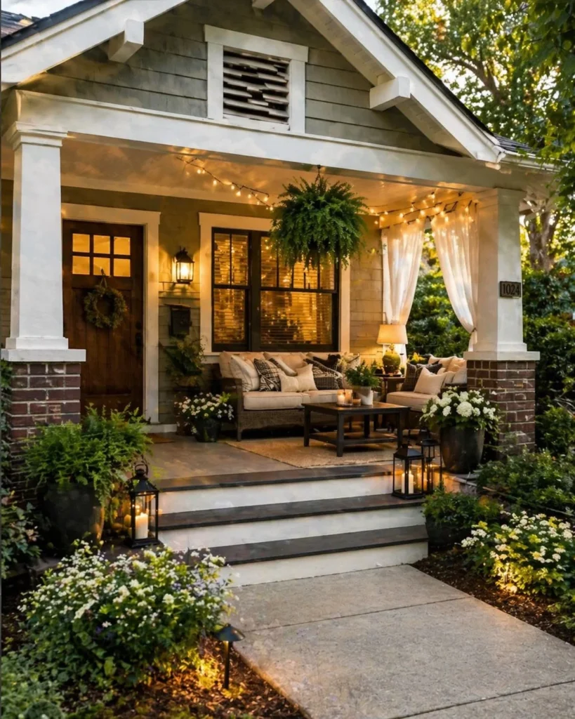 bungalow front porch styled like outdoor living room space