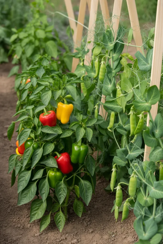 peas growing near bell peppers in backyard garden