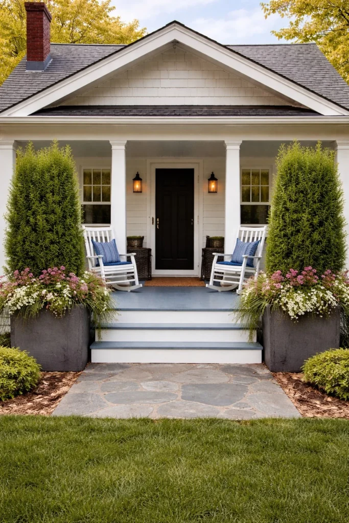 bungalow front porch with tall planters for privacy screen