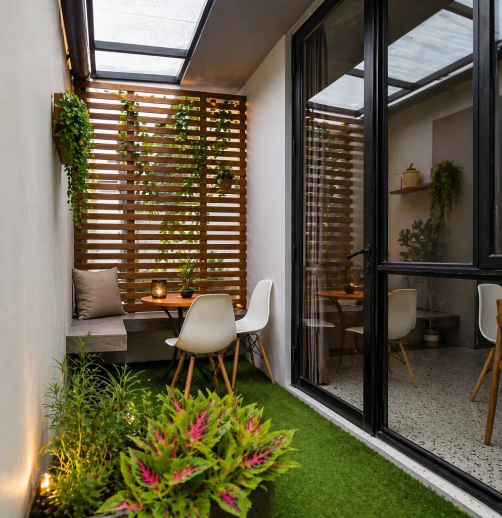 small side porch with privacy screen and plants