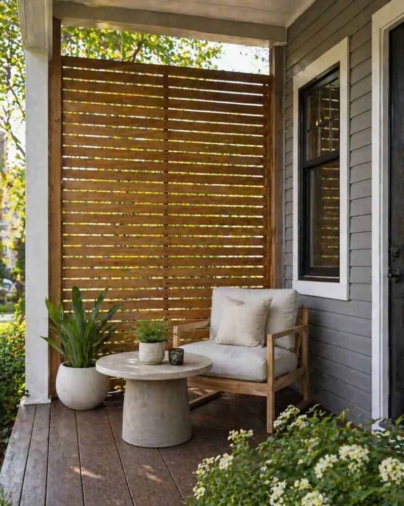 townhouse front porch with privacy screen and greenery