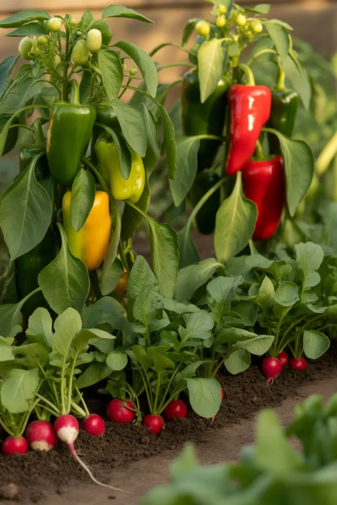 radishes growing near pepper plants in raised bed