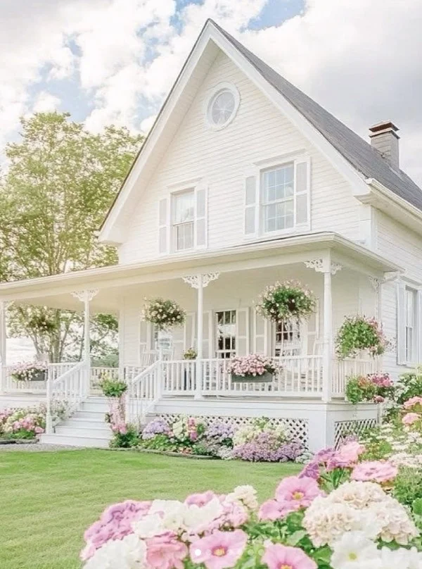 cottage front porch with railing garden and planters