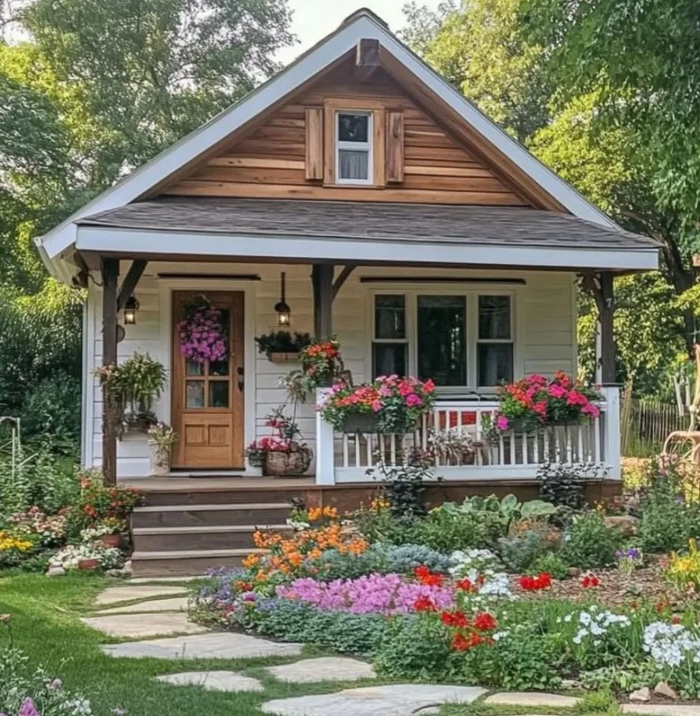 tiny front porch with railing planter box greenery