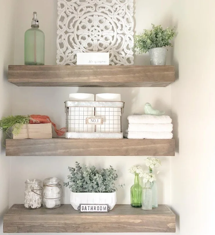 bathroom wall shelf ideas with rustic wood shelves cozy style