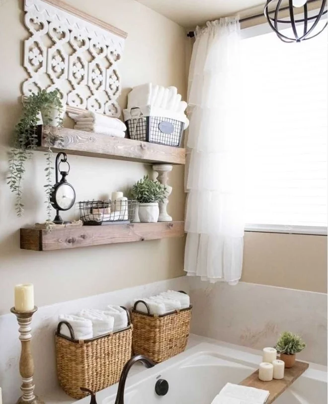 bathroom wall shelf ideas with baskets for hidden storage