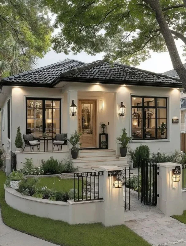 tiny front porch with warm lighting and string lights