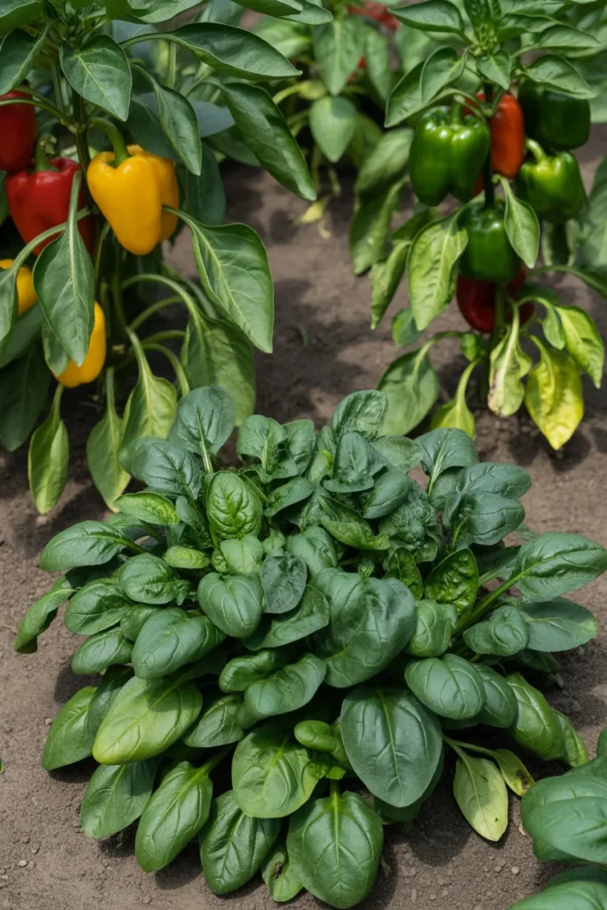 spinach planted near bell peppers in spring garden