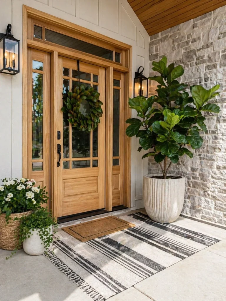 townhouse front porch with one statement plant near entry