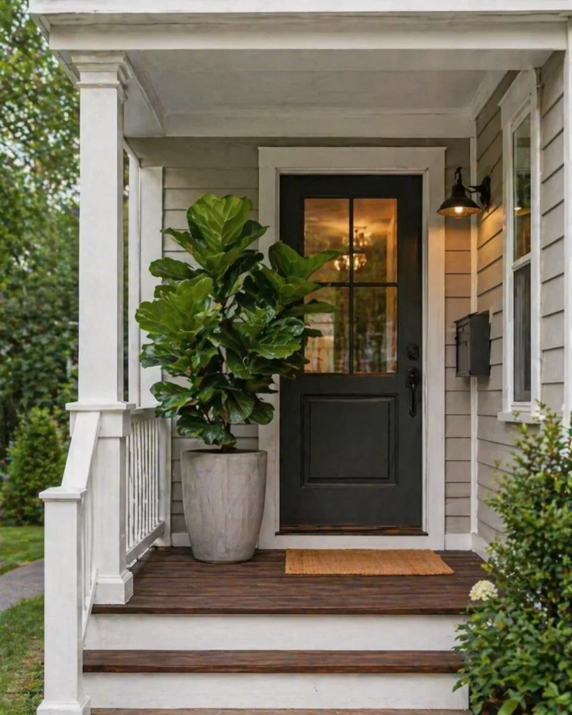 tiny front porch with single statement plant design