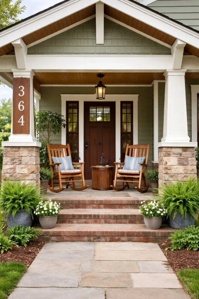 bungalow front porch with stylish house numbers near door