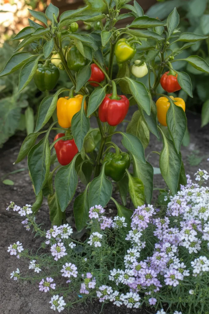 sweet alyssum flowers near bell peppers attracting helpful insects