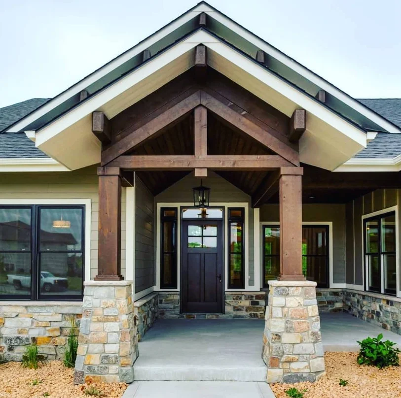 bungalow front porch with tapered columns and stone base design