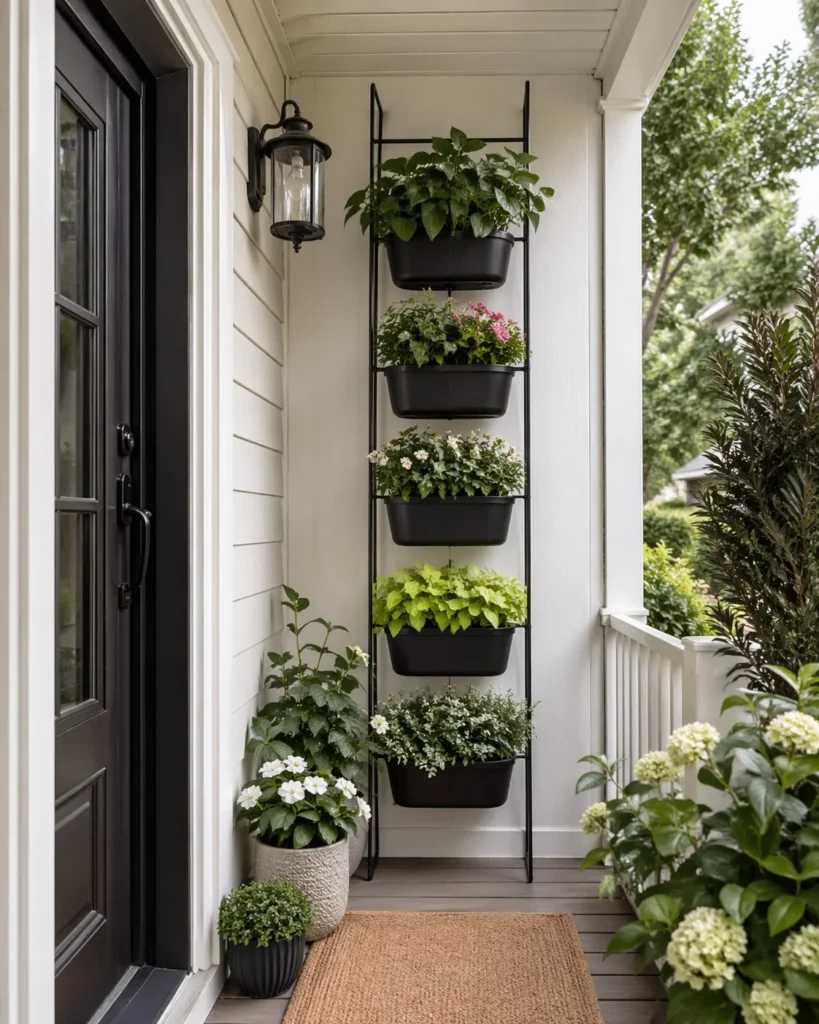 tiny front porch with vertical plant stand saving space