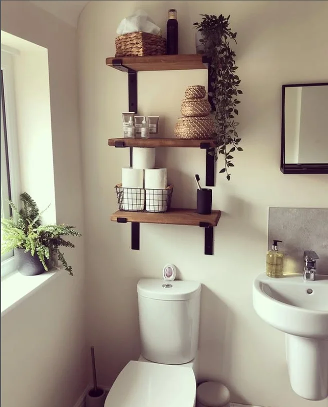 bathroom wall shelf ideas with vertical stacked shelves