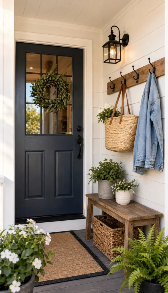 tiny front porch with wall hooks for decor and storage