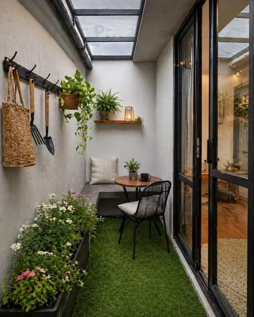 small side porch with wall hooks for storage and decor