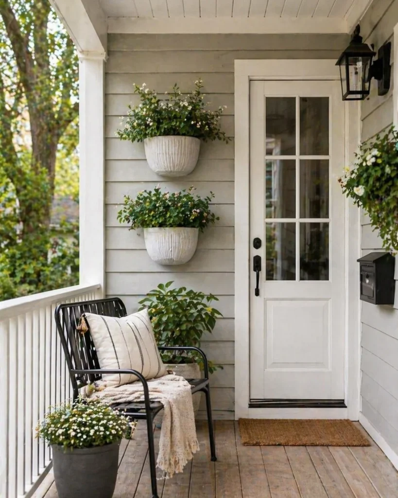 tiny front porch with wall mounted planters and greenery