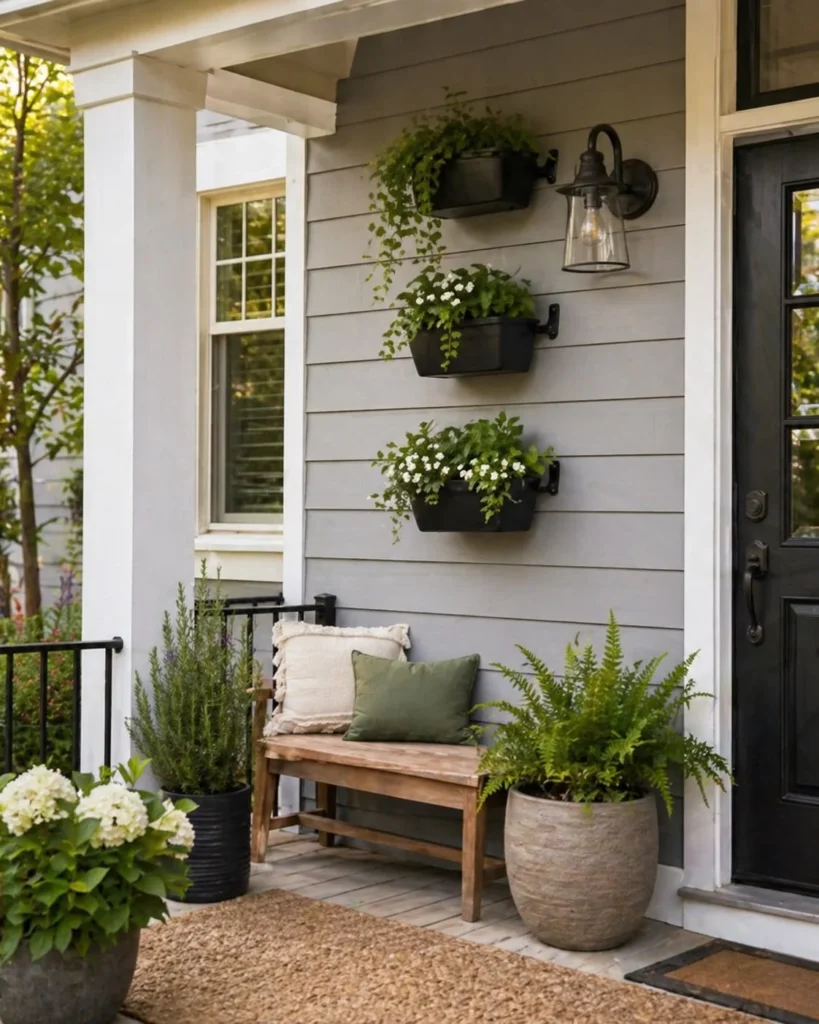 townhouse front porch with wall mounted planters and greenery