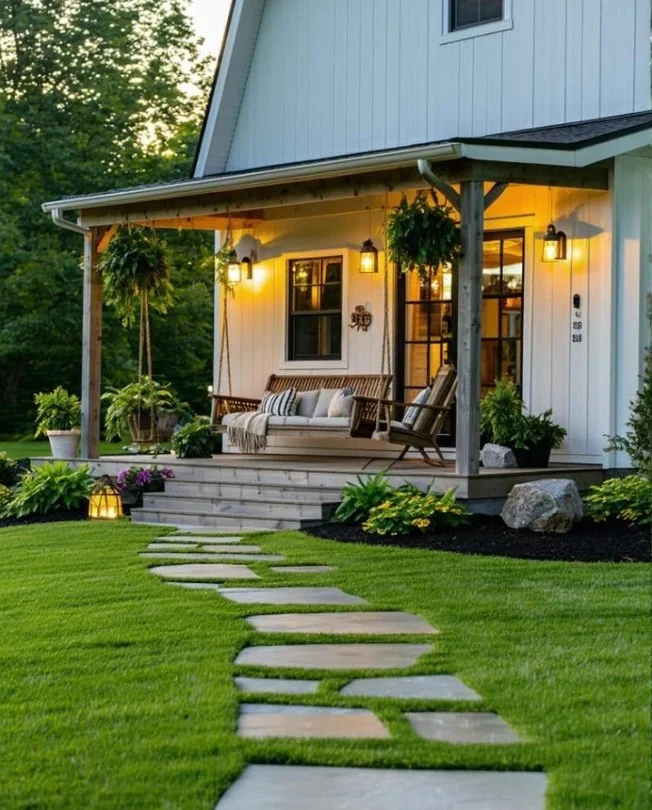 townhouse front porch with warm lighting and cozy entry setup