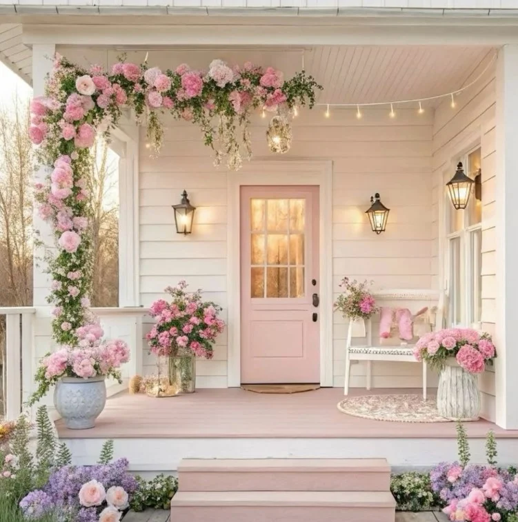 cottage front porch with warm lighting and lanterns