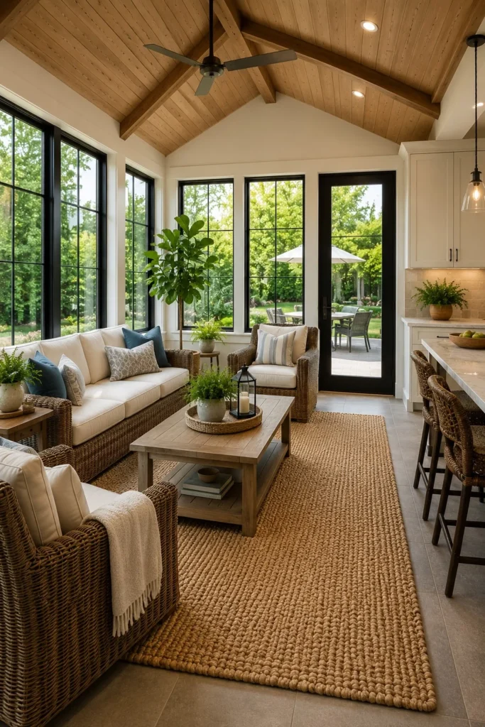cozy area rug in bright four season room addition