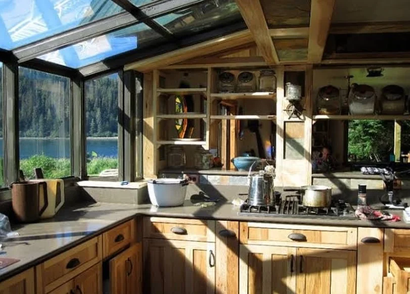 built in storage inside four season room off kitchen