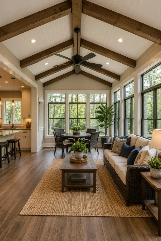 four season room with decorative ceiling beams and sunlight