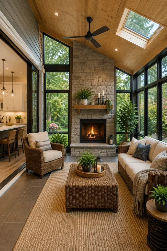 cozy fireplace in modern four season room design