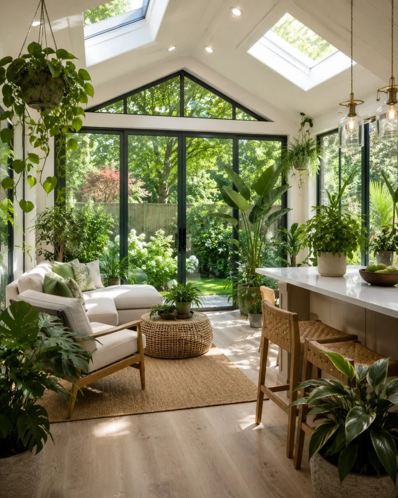 indoor plants decorating four season room off kitchen