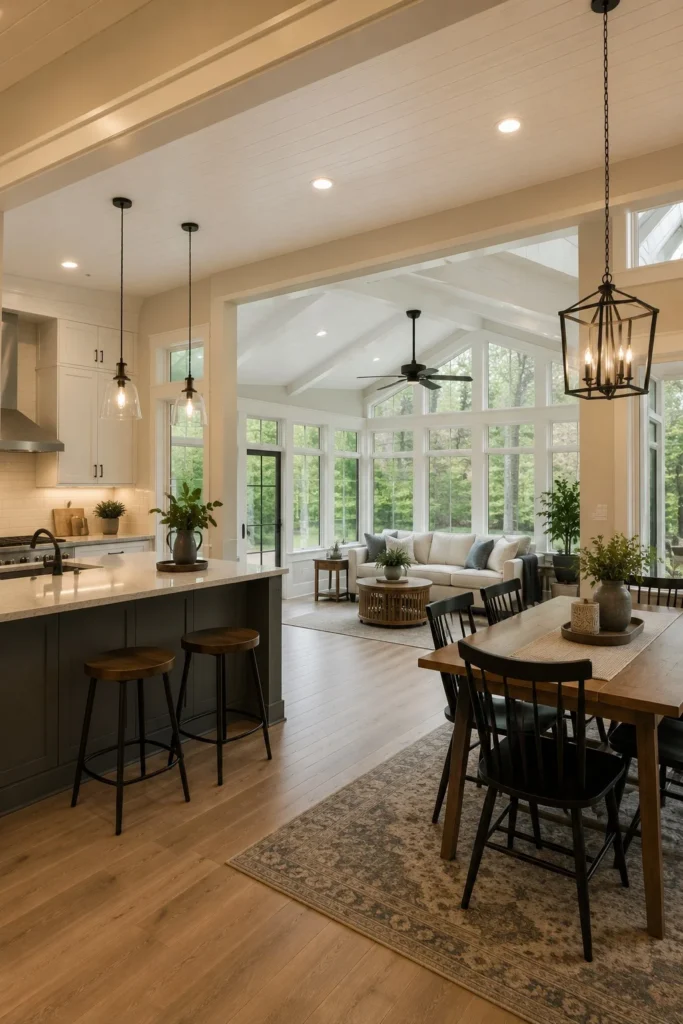 open layout 4 season room connected to modern kitchen
