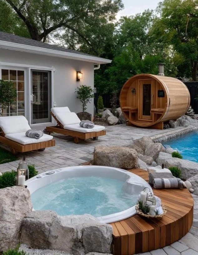 above ground pool with large backyard deck off house