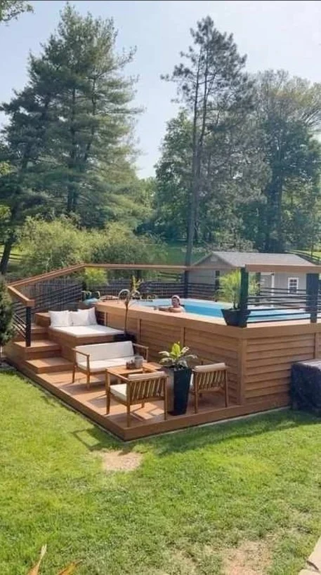 built in benches on above ground pool deck