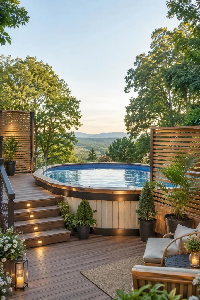 wooden privacy wall beside above ground pool deck