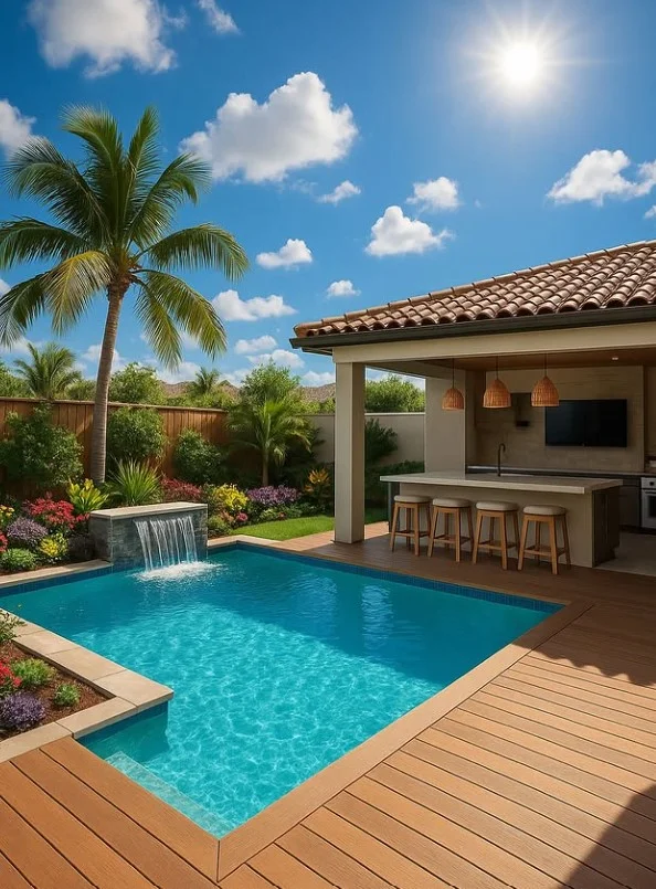 small backyard above ground pool with open deck
