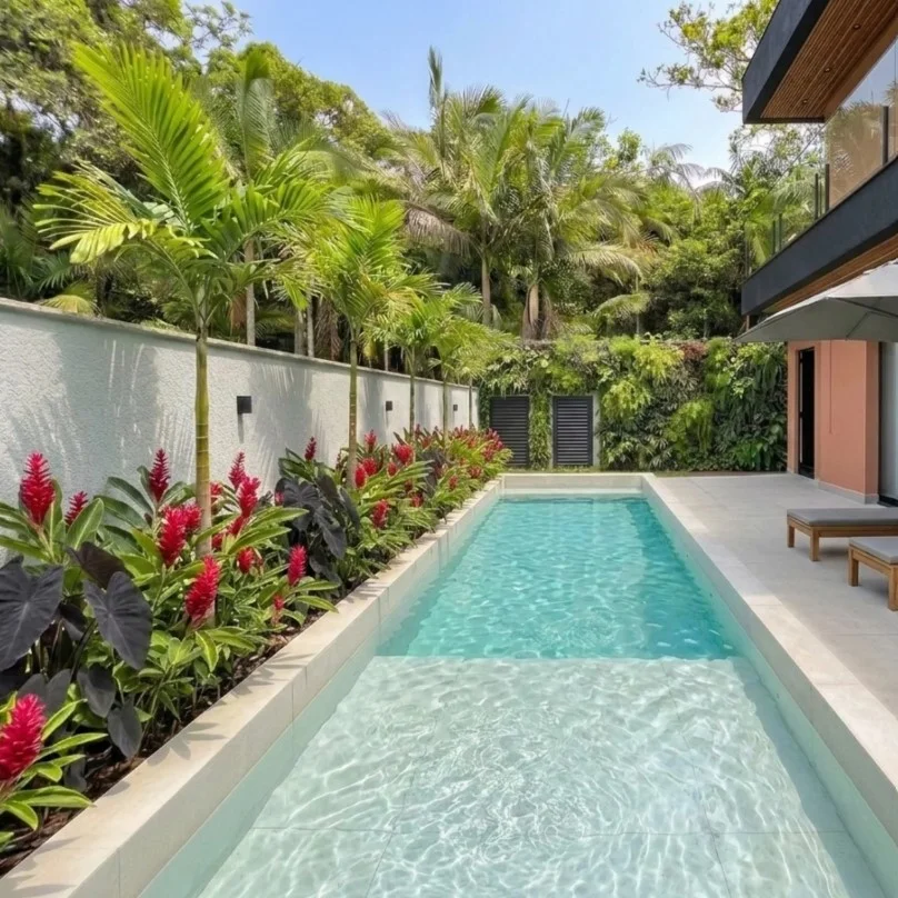 tropical plants around above ground pool backyard