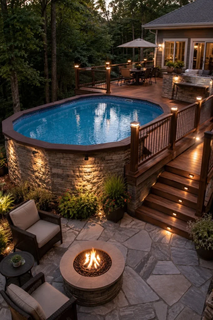 wood and stone landscaping around pool deck