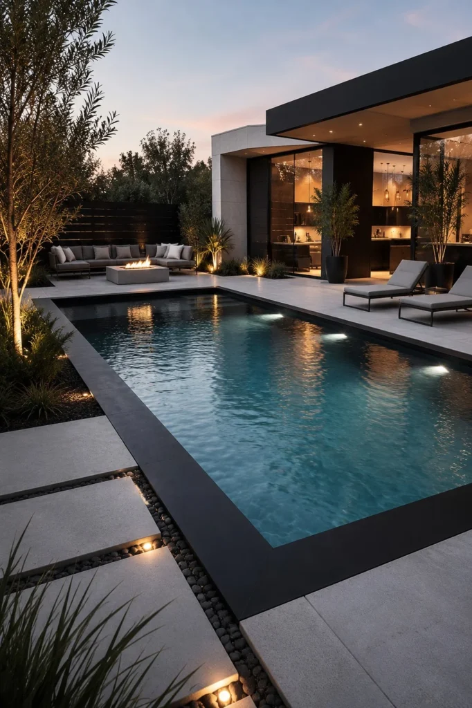 black trim modern sunken above ground pool design