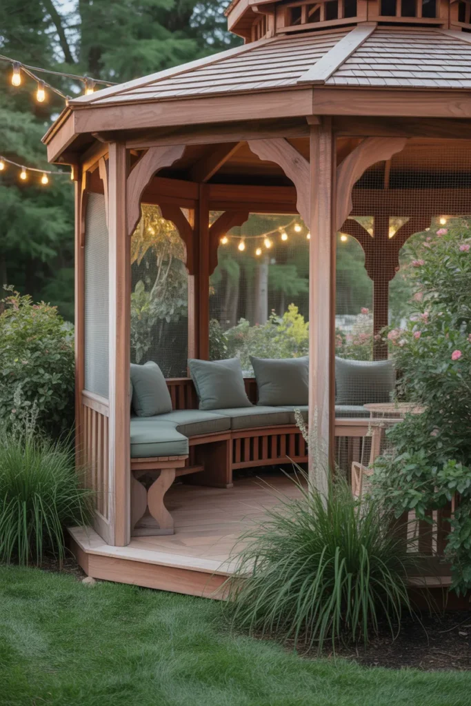 screened gazebo with built in benches smart seating design