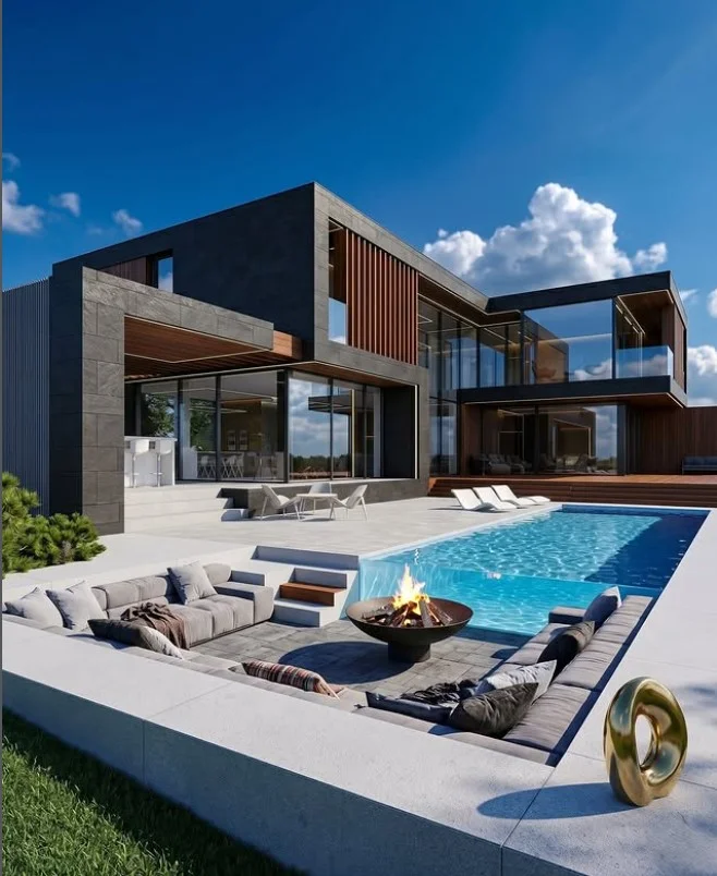 built in seating beside modern sunken above ground pool