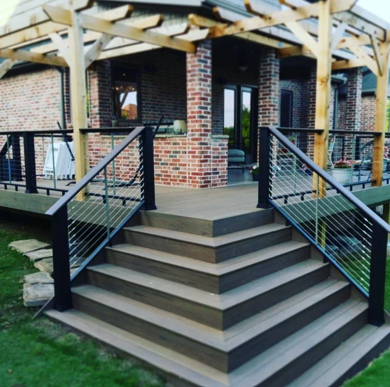 upgraded wooden deck with modern cable railing replacement