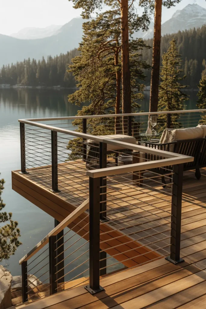 luxury lake house deck with modern cable railings